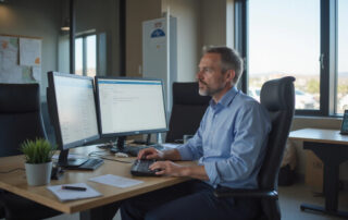 Ultra-realistic professional photography of a white American male employer in his early 40s, seated at a modern office desk inside a trucking company headquarters in the Inland Empire, Southern California. He is dressed in casual business attire — fitted button-down shirt with rolled sleeves, dark slacks, no tie — professional yet approachable. The man is seated upright, looking intently at his computer screen with a focused, mildly concerned expression, as if reviewing compliance or legal documentation. Office setting feels authentic to a logistics and transportation business: clean desk, laptop and external monitor, organized paperwork, subtle trucking industry elements (dispatch board or route map softly visible in background). Natural daylight fills the room through large windows; muted industrial-modern interior with neutral tones (grays, warm wood, steel accents). Mood: thoughtful, compliance-aware, proactive, responsible business owner at the start of the year. Style: cinematic corporate editorial photography, documentary realism, no stock-photo posing. Lighting: soft natural light, balanced exposure, realistic shadows. Camera: full-frame DSLR, 50mm lens, shallow depth of field, crisp focus, realistic skin texture. Color grading: clean, neutral, professional. No text, no logos, no exaggerated expressions, no dramatic effects. 🚫 Negative Prompt (Highly Recommended) Avoid cartoon, illustration, CGI, plastic skin, exaggerated facial features, unrealistic lighting, stock photo look, smiling at camera, cinematic drama, heavy blur, oversharpening, distorted hands, extra fingers, watermark, text overlay, logos